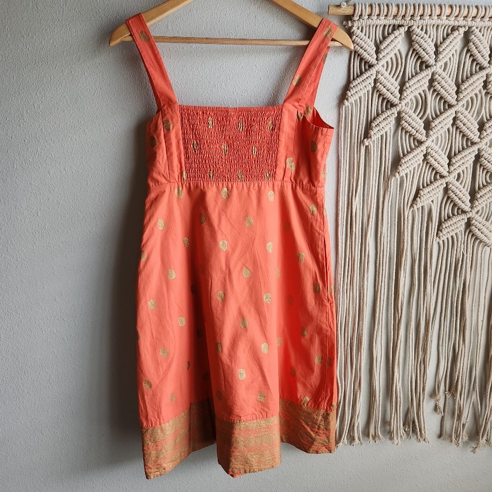 Maeve Coral Paisley Print Smocked Sundress Gold Metallic Boho Chic Sz 4 - Picture 6 of 8